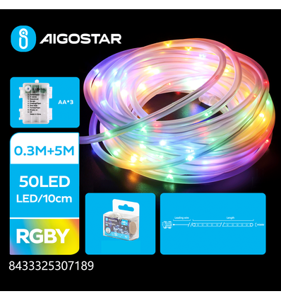 3AA Batteri RGBY Lyskæde 0.3m+5m - 50LED Gennemsigtig 8 Blink Tidsindstilling IP44