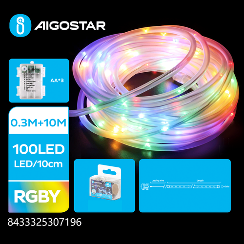 3AA Batteri Ø5mm RGBY Lyskæde - 0,3m + 10m, 100 LED, Gennemsigtig, 8 Blink + Tidsindstilling, IP44