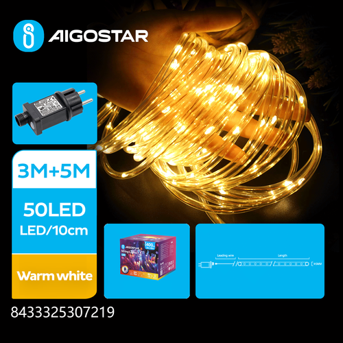 Ø5mm LED Lyskæde, Varm Hvid - 3M+5M, 50LED, Gennemsigtig, 8 Blink + Tidsindstilling, IP44