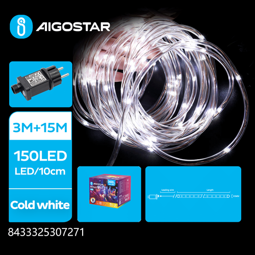 Ø5mm LED Lyskæde, Kølig Hvid - 3M+15M, 150 LED, Transparent, 8 Blinkfunktioner, Tidsindstilling, IP44