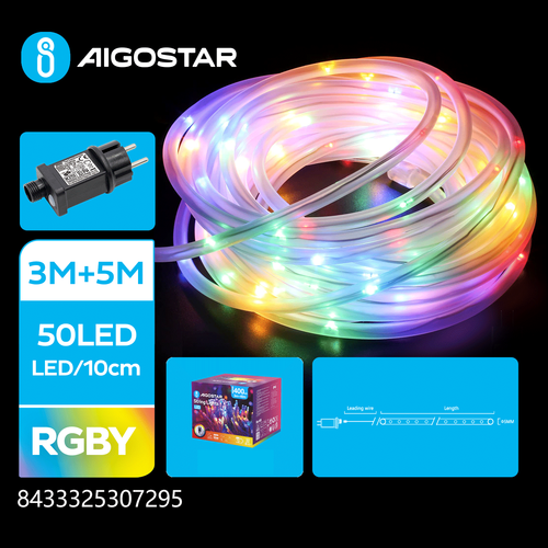 Ø5mm LED lyskæde, RGBY - 3M+5M, 50LED, Gennemsigtig, 8 Blink + Timer, IP44