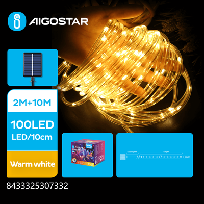 Solcelle Ø5mm Lyskæde Snore, Varm Hvid, 12m (2m+10m), 100 LED, Transparent, 8 Blinkmønstre, IP65