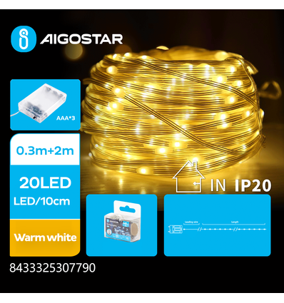 3AA Batteri PVC Lyskæde Varmhvid 0,3m+2m 20 LED 10cm/LED Transparent Ledning Tænd/Sluk/Blinke