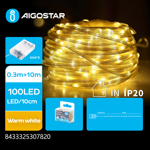 3AA Batteri PVC Lyskæde, Varm Hvid, 0,3M+10M, 100 LED, 10cm/LED, Transparent Ledning, Tænd/Sluk/Blink