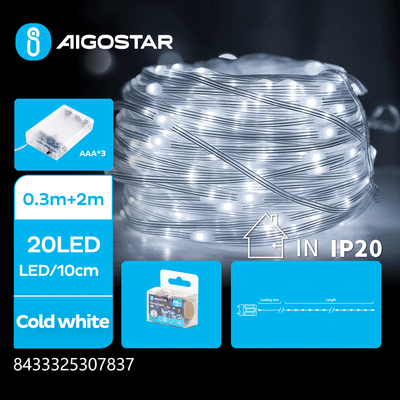 3AA Batteri PVC Lyskæde - Kold Hvid - 0,3M+2M | 20 LED | 10cm/LED | Transparent Ledning | Tænd/Sluk/Blink