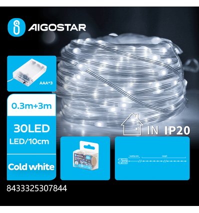 3AA Batteri PVC Lyskæde - Kold Hvid - 0,3m + 3m - 30 LED - 10cm/LED - Gennemsigtig Ledning - Tænd/Sluk/Blink