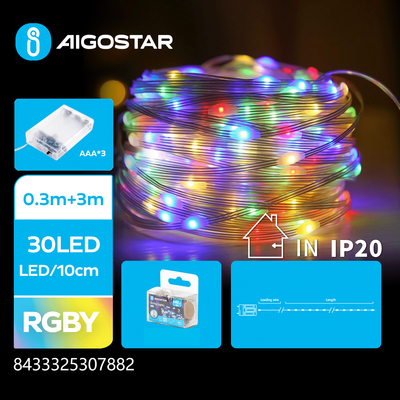 3AA Batteri PVC Lyskæde - RGBY - 0.3m + 3m - 30 LED (10cm/LED) - Gennemsigtig Ledning med Til/Fra/Blink Funktion