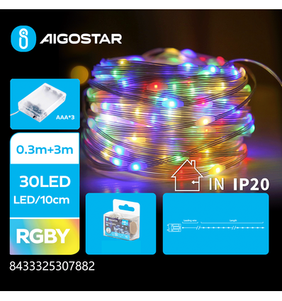 3AA Batteri PVC Lyskæde - RGBY - 0.3m + 3m - 30 LED (10cm/LED) - Gennemsigtig Ledning med Til/Fra/Blink Funktion