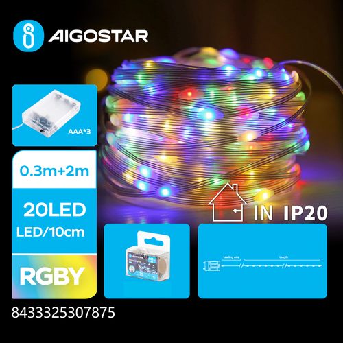 3AA Batteri PVC Lyskæde RGBY 0.3M+2M | 20 LED | 10cm/LED | Gennemsigtig Ledning | Til/Fra/Blink