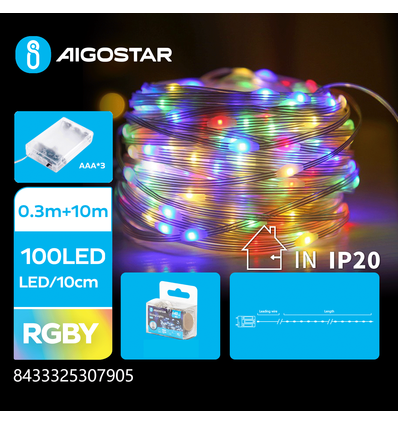 3AA Batteri PVC Lyskæde - RGBY 0.3M + 10M - 100 LED (10cm/LED) med Gennemsigtig Ledning - Til/Fra/Blink