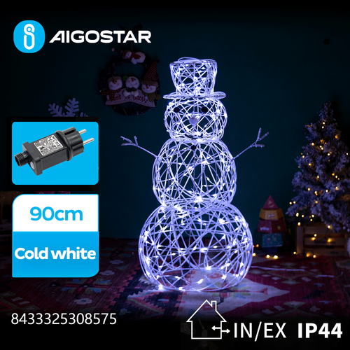LED Snemand lyskæde, 90 cm - Kold Hvid, 8 Blink+Timer, IP44