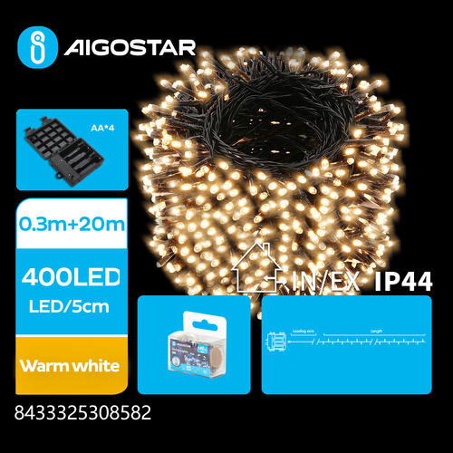 4AA Batteri Lyskæder, Varm Hvid, 0.3M+20M, 400LED, 5cm/LED, Grøn/Sort Ledning, 8 Blinkfunktioner+Timer, IP44