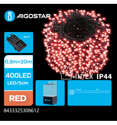 4AA Batteri LED lyskæde, Rød - 0,3m + 20m 400 LED, 5cm pr. LED - Grøn/Sort Ledning - 8 Blinkfunktioner + Timer, IP44