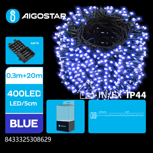 4AA Batteri LED Lyskæde, Blå, 0,3m+20m - 400 LED - 5cm/LED - Grøn/Sort Ledning - 8 Funktioner med Blink+Timer+IP44