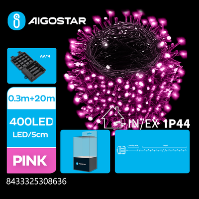 4 AA Batteri LED Lyskæde, Pink, 0,3M+20M - 400LED - 5cm/LED - Grøn/Sort Ledning - 8 Blink+Timer+IP44