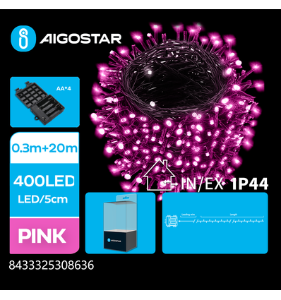 4 AA Batteri LED Lyskæde, Pink, 0,3M+20M - 400LED - 5cm/LED - Grøn/Sort Ledning - 8 Blink+Timer+IP44