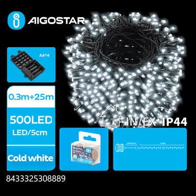 4AA Batteri LED lyskæde, Kold Hvid, 0.3M+25M, 500 LED - 5cm/LED, Grøn/Sort Ledning, 8 Funktioner, Timer, IP44