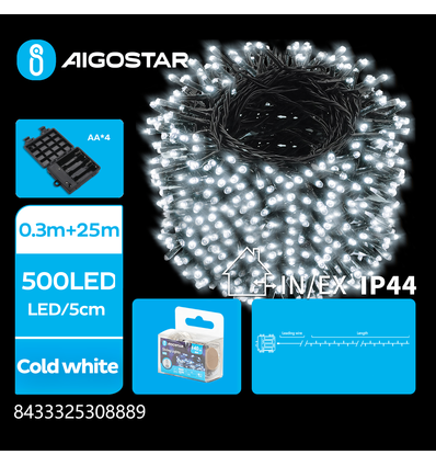 4AA Batteri LED lyskæde, Kold Hvid, 0.3M+25M, 500 LED - 5cm/LED, Grøn/Sort Ledning, 8 Funktioner, Timer, IP44