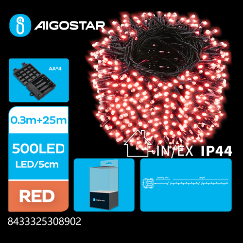 4AA Batteri LED Lyskæde, Rød, 0,3 m + 25 m - 500 LED - 5 cm/LED - Grøn/Sort Ledning - 8 Blink + Timer + IP44