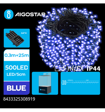 4AA Batteri LED Lyskæde, Blå, 0.3m+25m - 500 LED - 5cm/LED - Grøn/Sort Ledning - 8 Blink+Timer+IP44