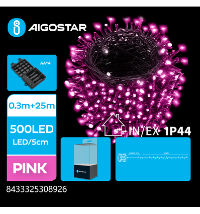 4AA Batteri LED Lyskæde, Pink, 0.3M + 25M - 500 LED, 5cm/LED, Grøn Sort Ledning, 8 Blink + Tidsindstilling, IP44