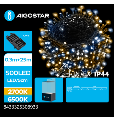 4AA Batteri-Lyskæde, Varm/Kold Hvid, 0,3m + 25m, 500 LED, 5cm pr. LED, Grøn/Sort Ledning, 8 Blinkfunktioner, Timer, IP44