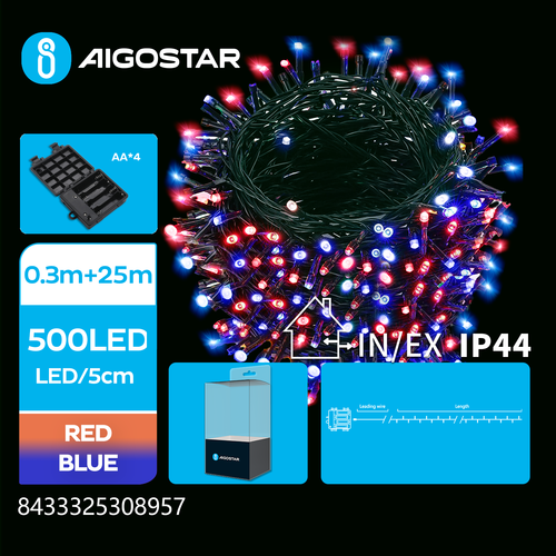 4AA Batteri LED lyskæde, Rød/Blå, 0.3m + 25m, 500 LED - 5cm/LED, Grøn Sort Ledning - 8 Blinkfunktioner + Timer, IP44