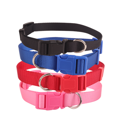 Nylon Hundehalsbånd, 1,5 x 25-40 cm - Sort / Blå / Rød / Pink, assorteret 1 stk.