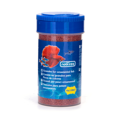 Billede af Småfisk Granulat foder, 45g Flaske - Rød, Fremmer fiskens farver