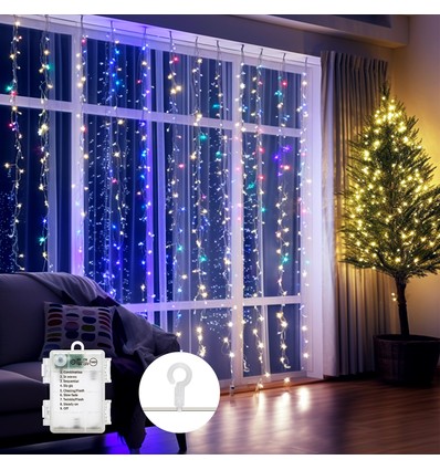 3AA Batteridrevet Gardin Lyskæde, RGBY, 3M+1M*1M, 100 LED, 10 Snore, Gennemsigtig Ledning, 8 Blink+Timer, IP44