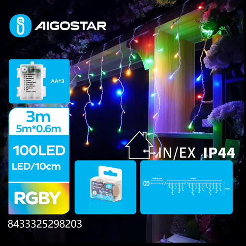 3AA Batteri Istap Lyskæde RGBY - 100 LED, 25 rækker, Gennemsigtig Ledning - 8 Blinkfunktioner,Timer, IP44, 3M+5M*0.6M