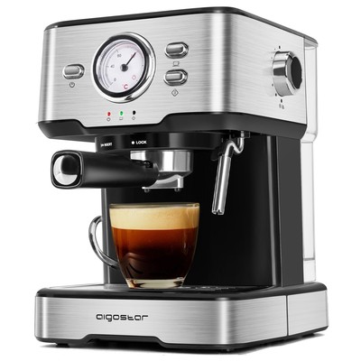 Se Italiensk Semi-Automatisk Kaffemaskine - 1100W, 15Bar, Rustfrit Stål, espresso hos Aigostar.dk